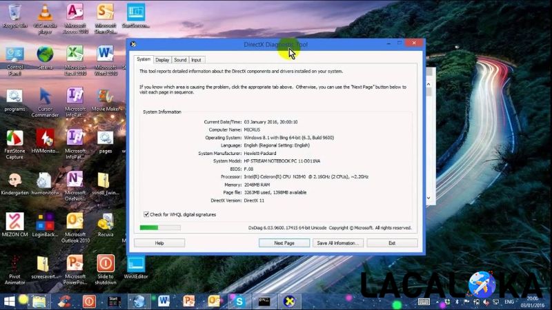 Gõ lệnh "dxdiag" vào khung Search để xuất hiện DirectX Diagnostic Tool
