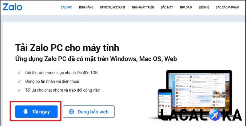 Nhấn vào ô Tải ngay để tải zalo PC trong vài giây
