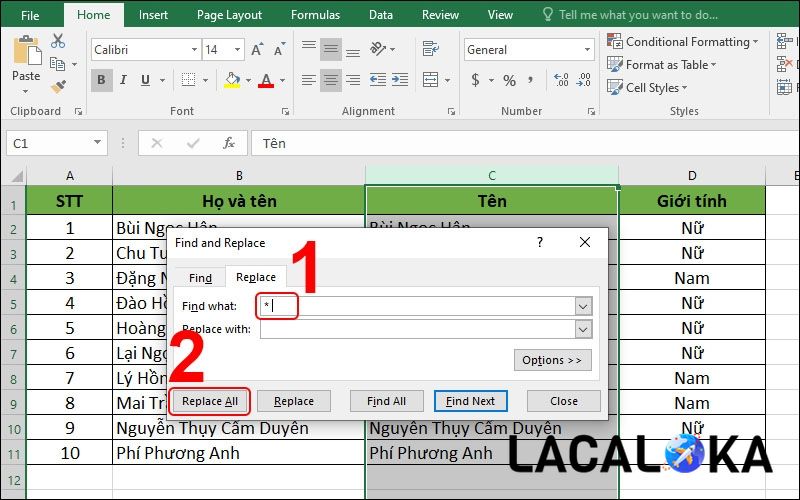 Sử dụng hộp thoại Find and Replace để tách họ tên