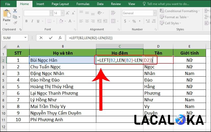Nhập công thức để tách họ và tên đệm riêng