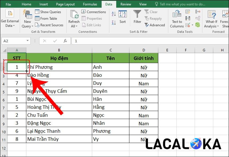 Điền số 1 vào ô đầu tiên và đưa con trỏ chuột tới góc dưới cùng bên phải