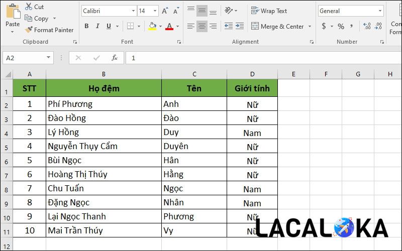 Kết quả nhận được sau khi cách sắp xếp tên theo ABC trong excel